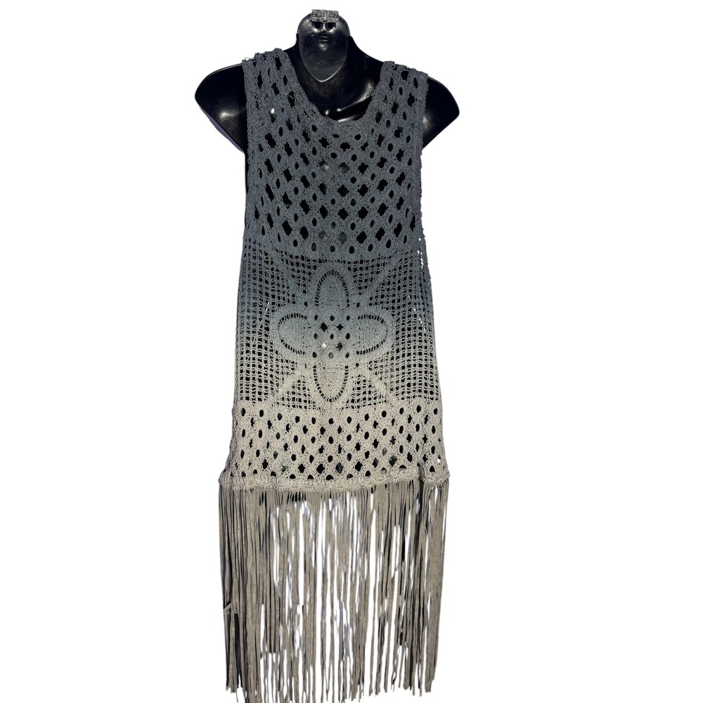 Origami women's M/L ombre crochet lace fringed kimono vest boho western